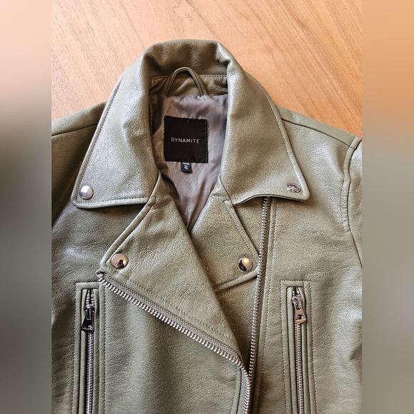 Dynamite faux leather moto jacket. Size XS. Olive green. Great condition. - Picture 3 of 13